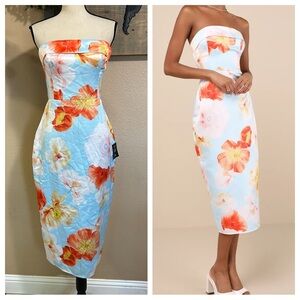 NWT 
Lulus Oriana Light Blue Floral Satin Strapless Midi Dress